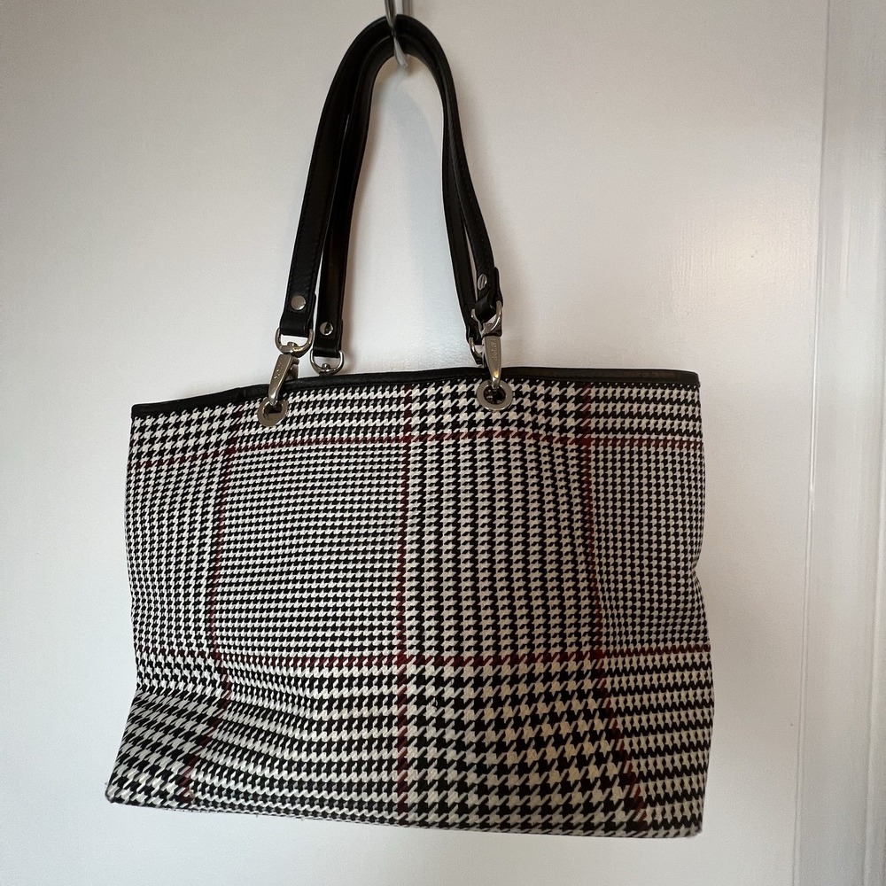 RALPH LAUREN RLL Houndstooth Plaid Leather Trimmed Tote Bag Hand Purse Vintage - Picture 4 of 16